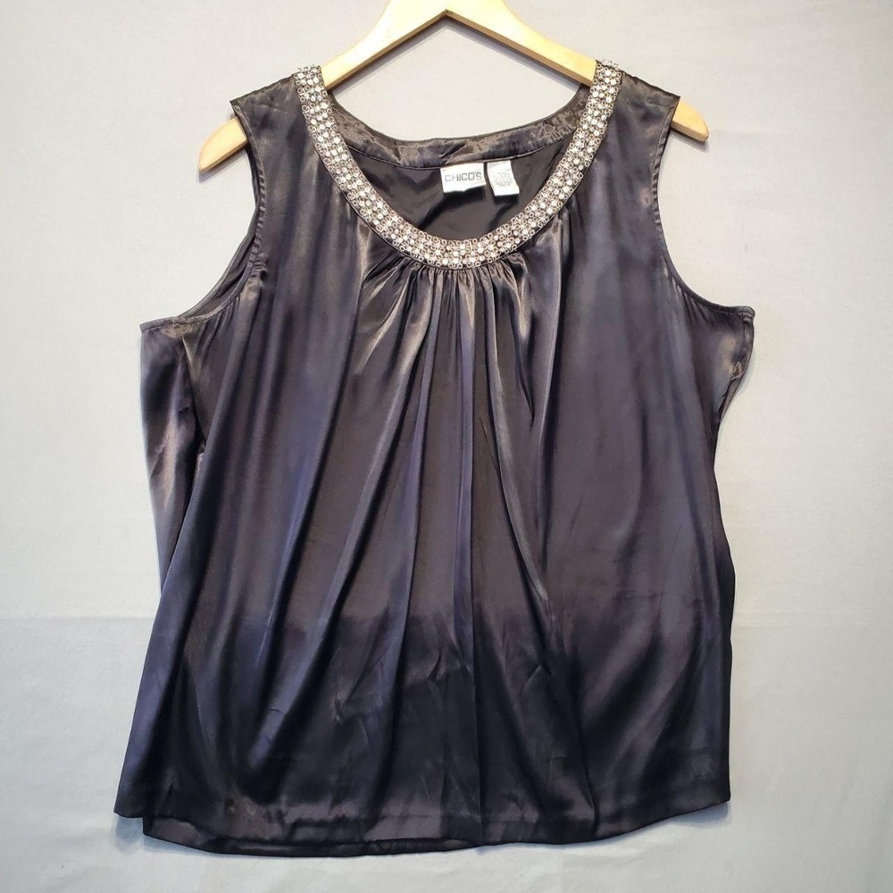 Chicos Beaded Tank Top Womens XL Black Satin Sleeveless Glam Party Chic Evening